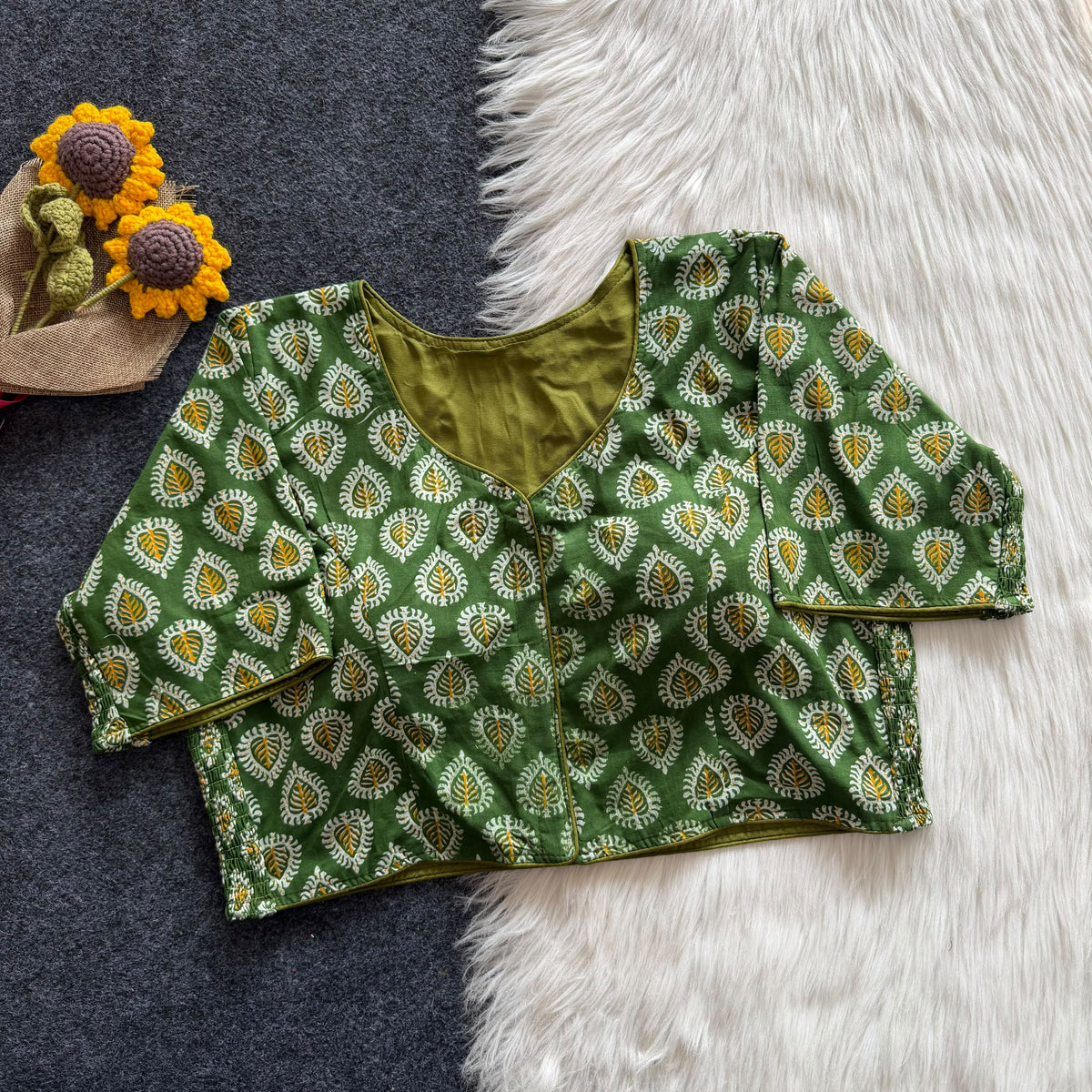 Beautiful hand block print with side elastic ready made blouse