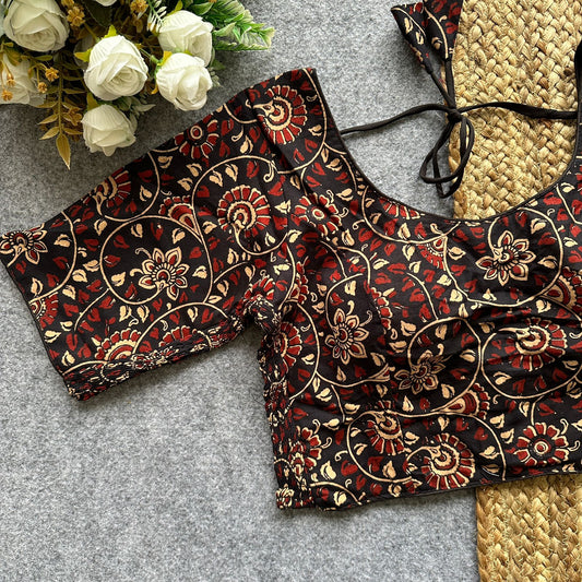 Beautiful hand block print with side elastic ready made blouse