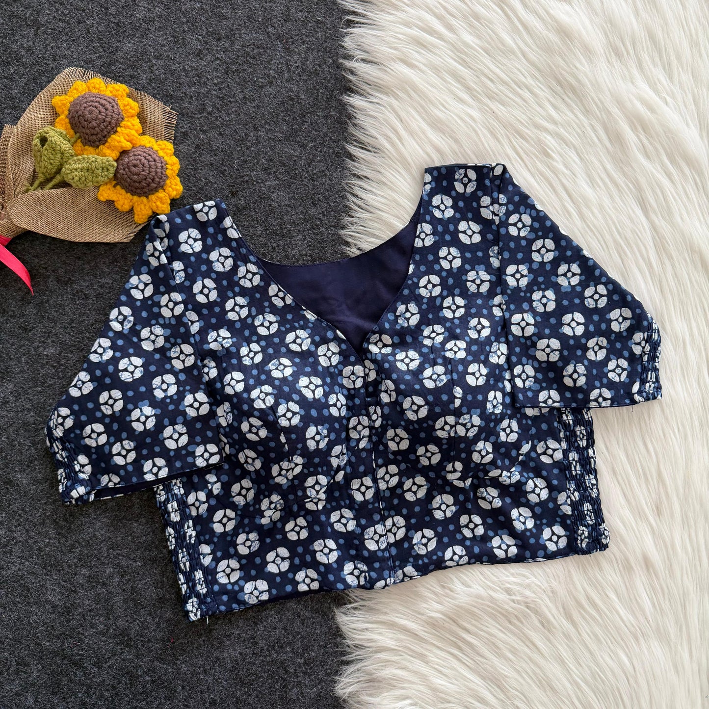 Beautiful hand block print with side elastic ready made blouse