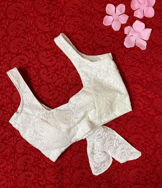 Chikonkari front square neck and back bow ready made blouse