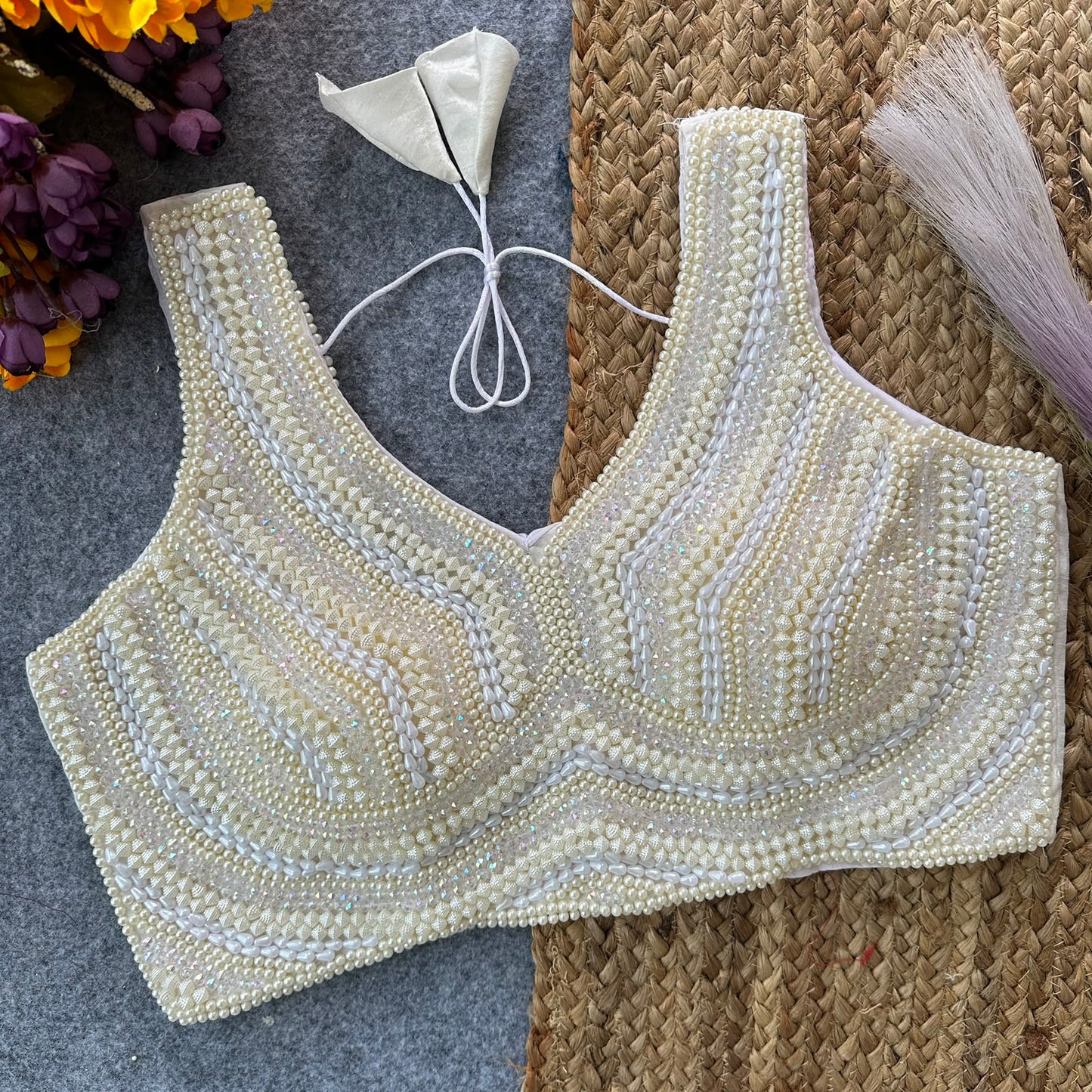 Presenting beautiful handcrafted pearl work ready made blouse