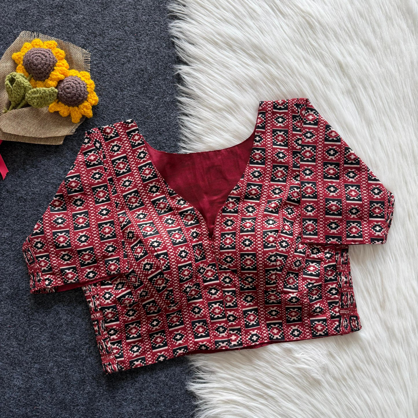 Beautiful hand block print with side elastic ready made blouse