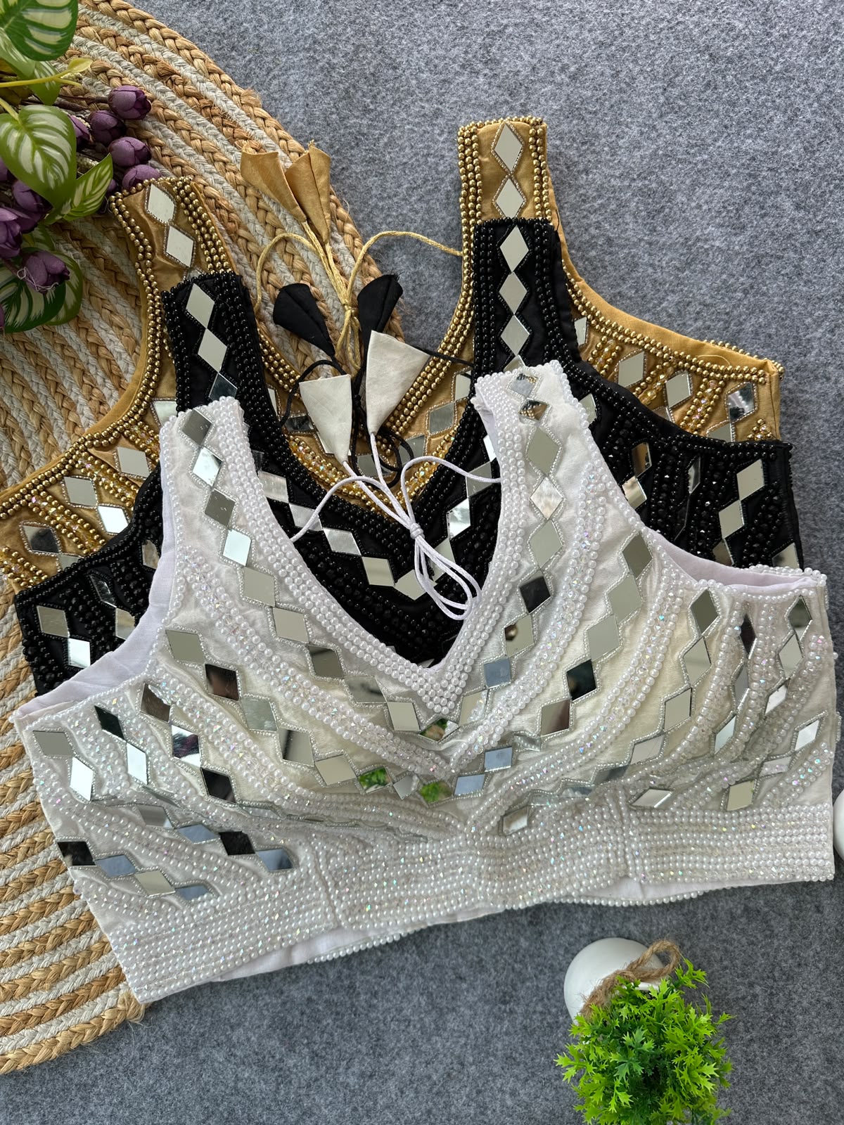Fancy Bollywood Design With Pearl & Real Handmirror Work ready made blouse