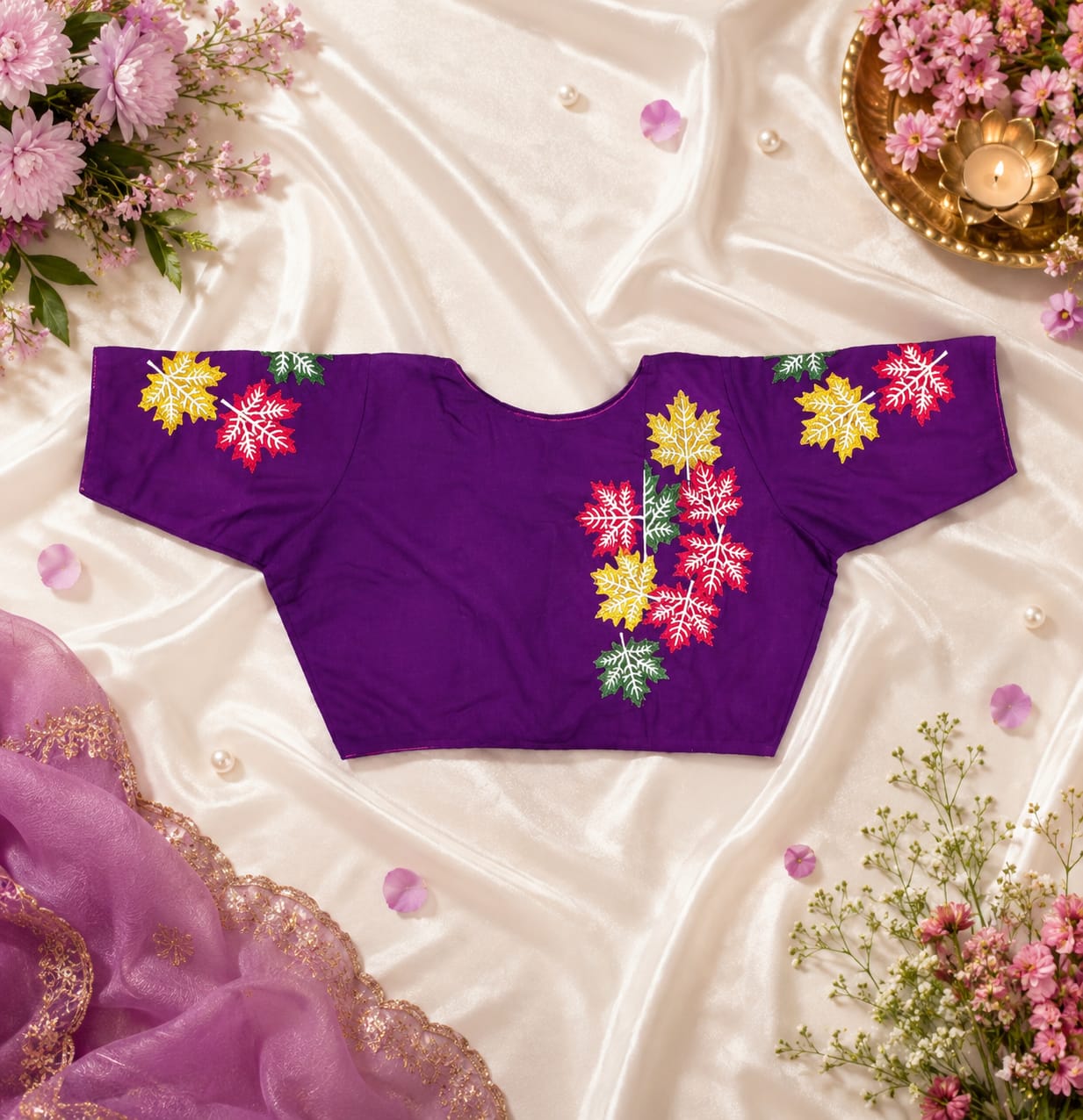 Leaf embroidery ready made blouse