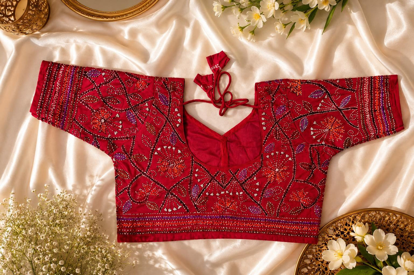 Katha handwork round/ Boatneck ready made blouse
