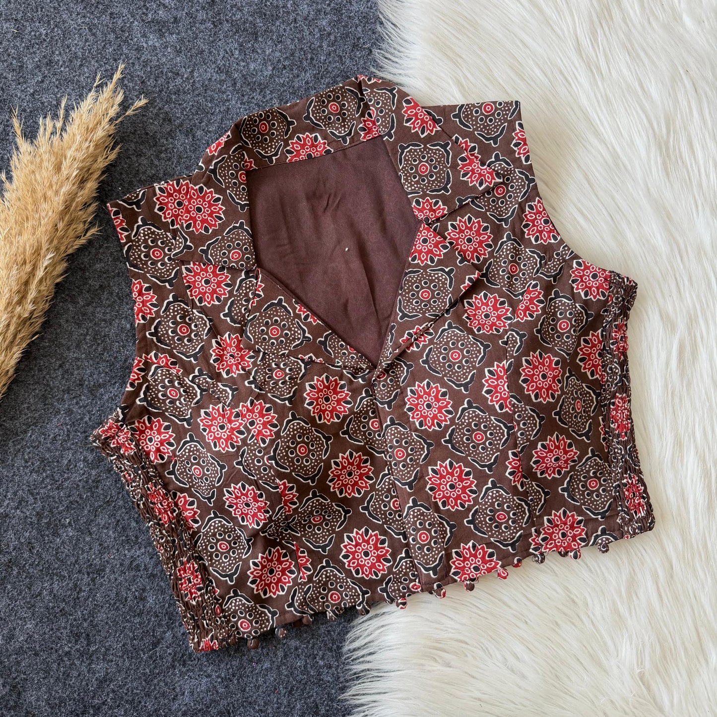 Beautiful hand block print with side elastic ready made blouse