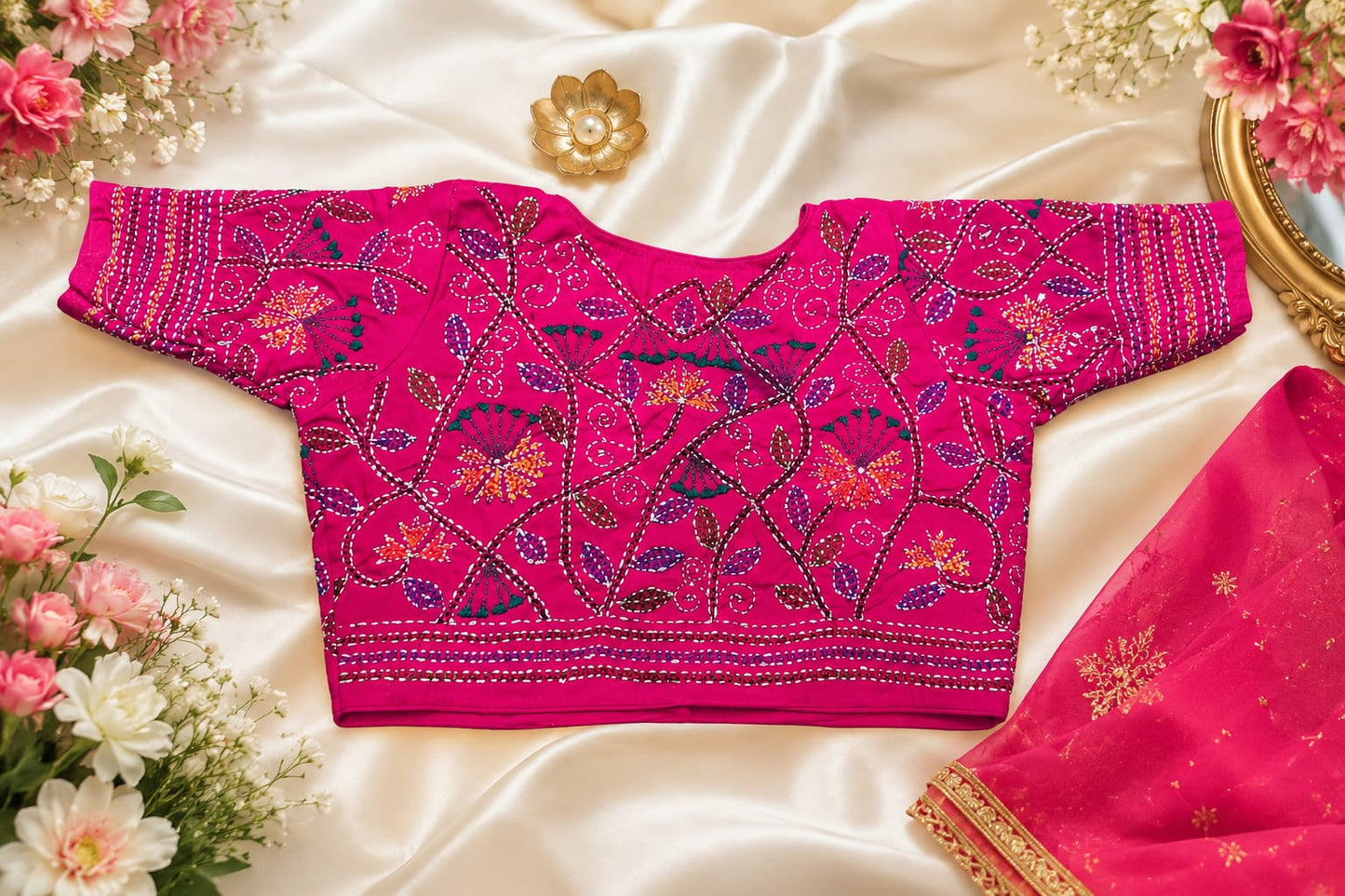 Katha handwork round/ Boatneck ready made blouse