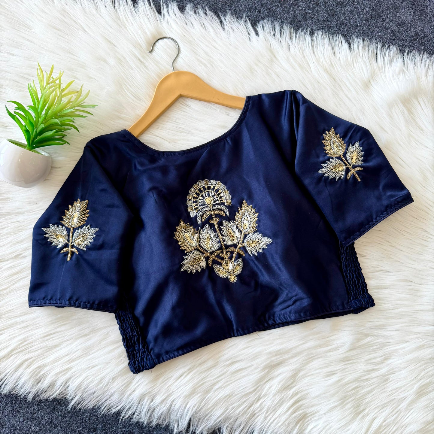 Beautiful zardosi with two tone kardana work all over with side elastic ready made blouse