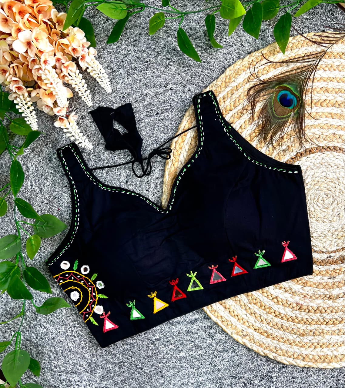 Multi thread with mirror hand work ready made blouse