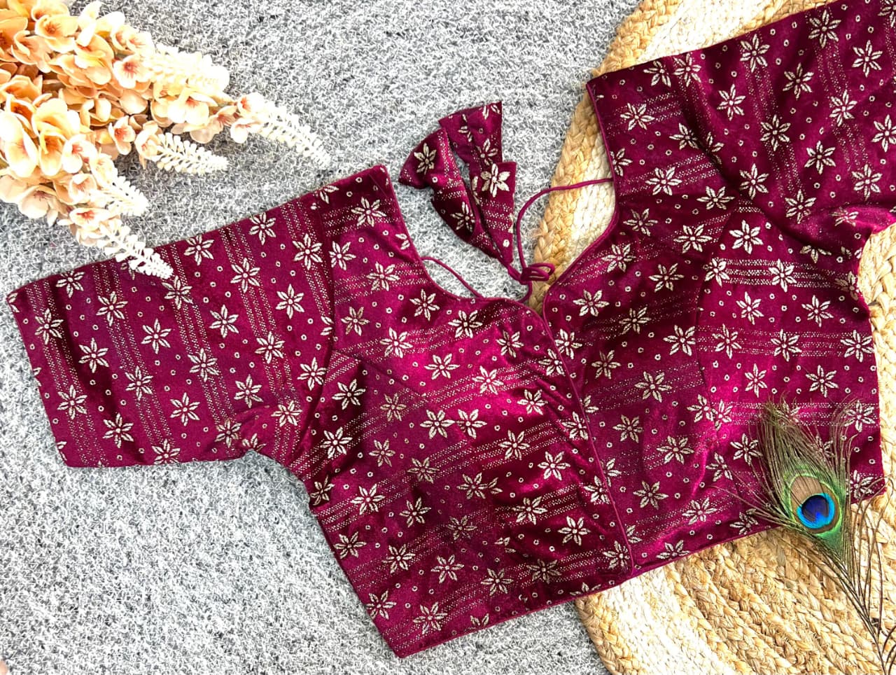 Foil work on velvet ready made blouse