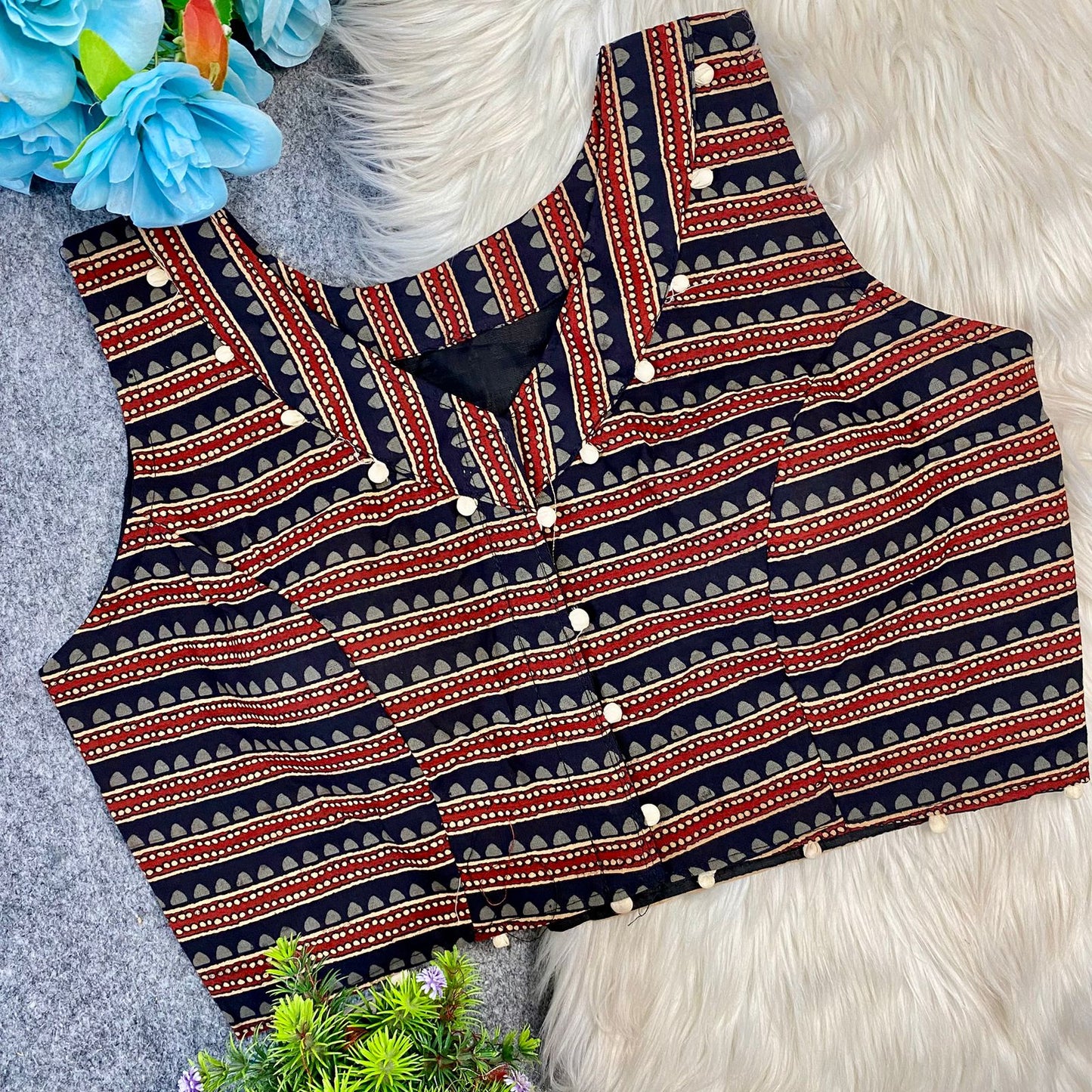 Ajrakh print sleeveless ready made blouse