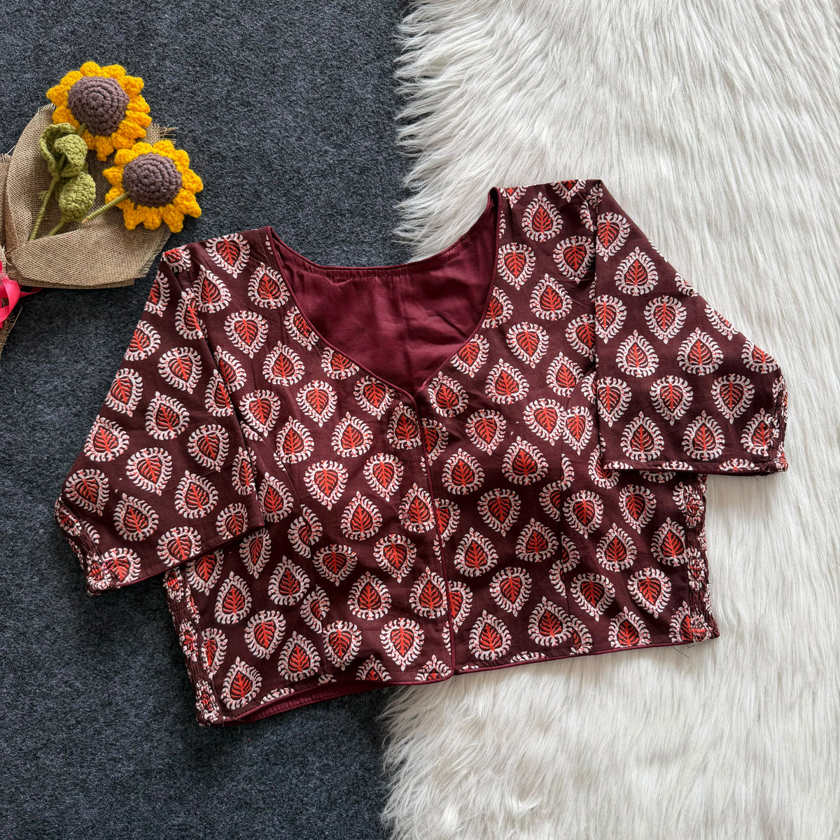 Beautiful hand block print with side elastic ready made blouse