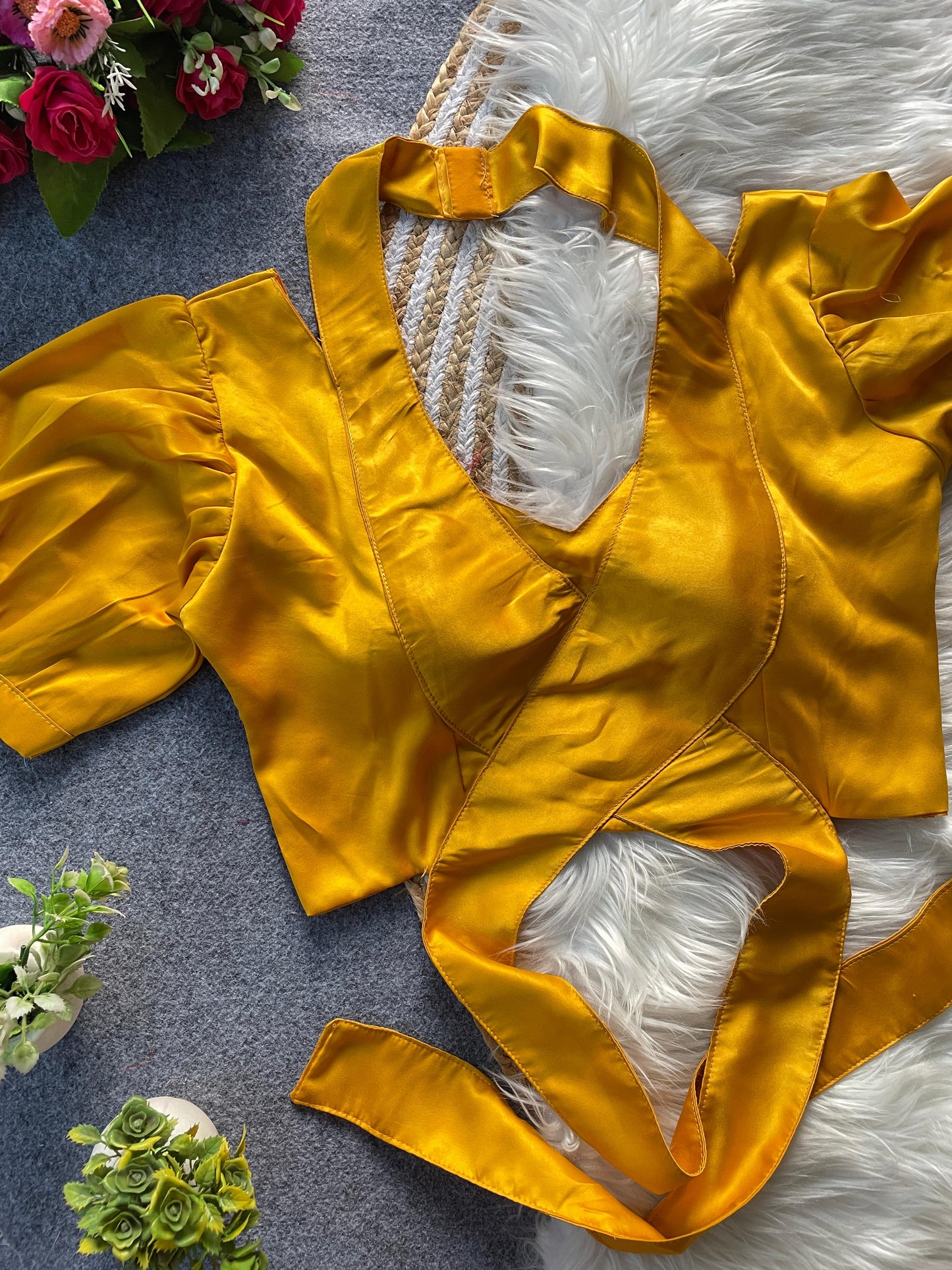 Pure Malai Satin balloon sleeve ready made blouse