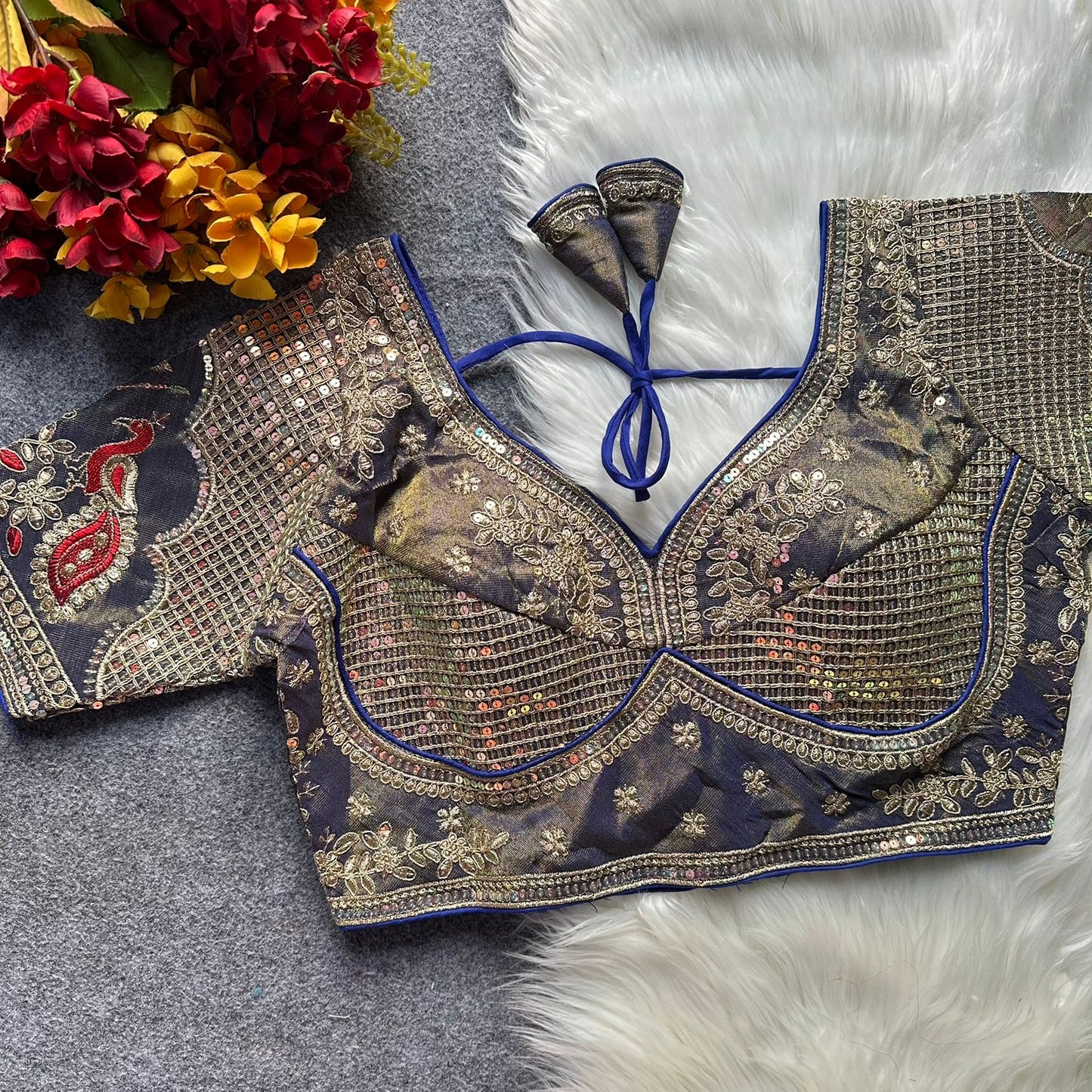 Heavy cosmoss silk embroidery work ready made blouse