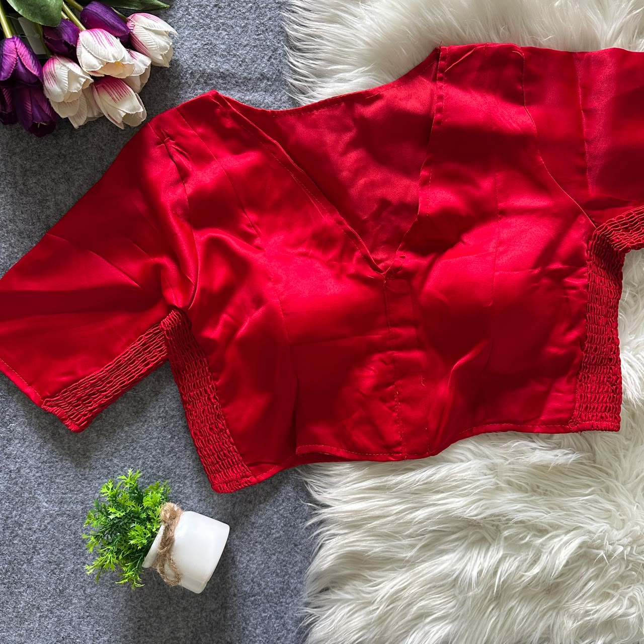 Soft silk fabric with elastic attach for better fitting ready made blouse