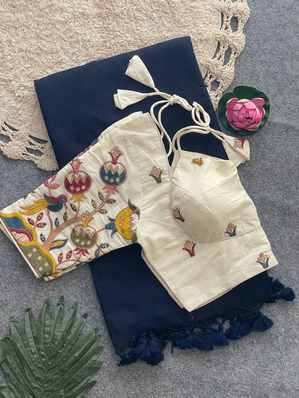 Cotton saree with heavy embroidery work ready made blouse