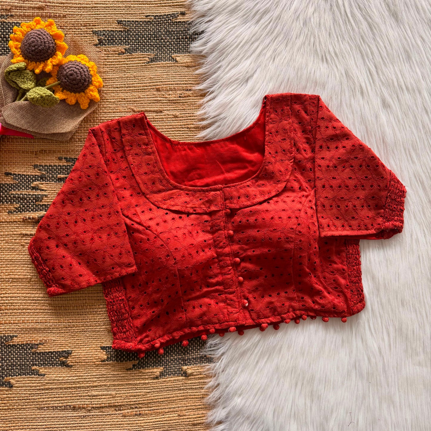 Beautiful embroidery work with elastic attach for better fitting ready made blouse