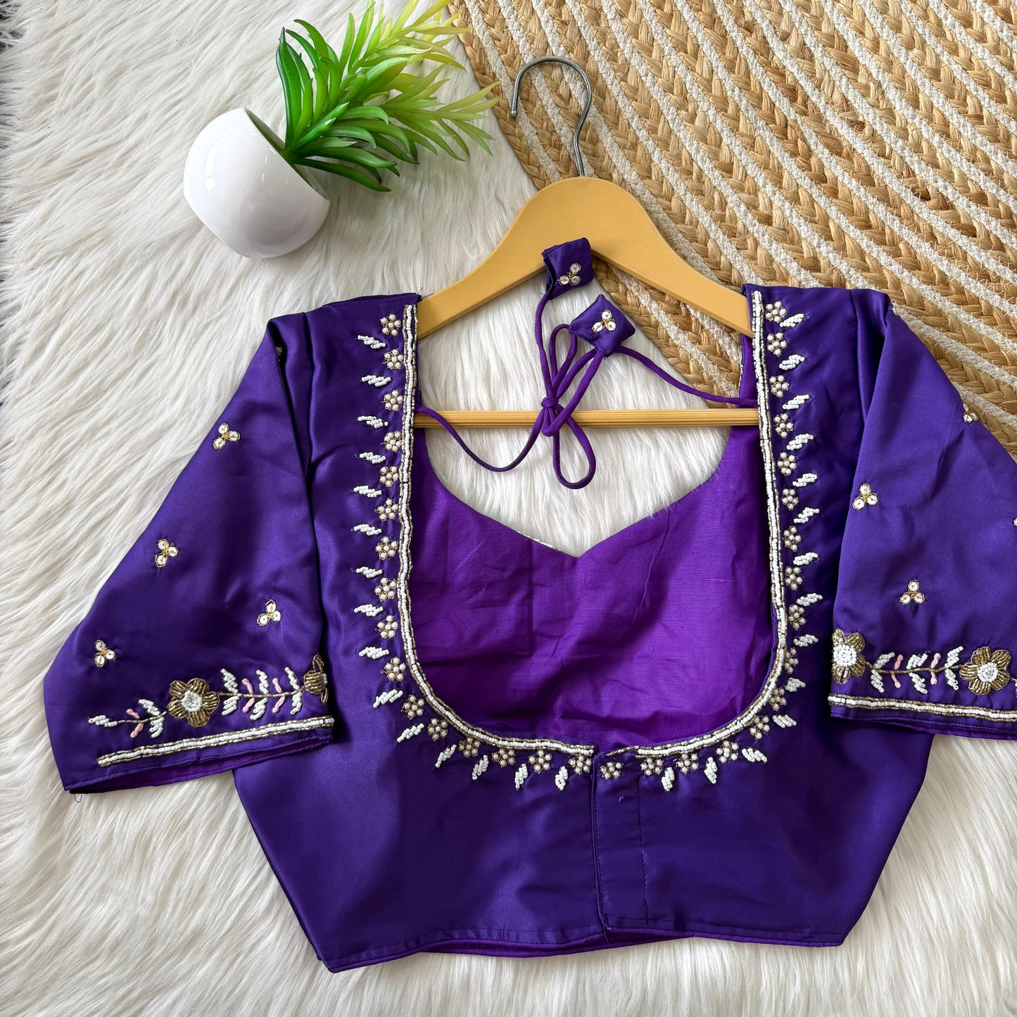 Beautiful handcrafted work in sleeves and back all over ready made blouse