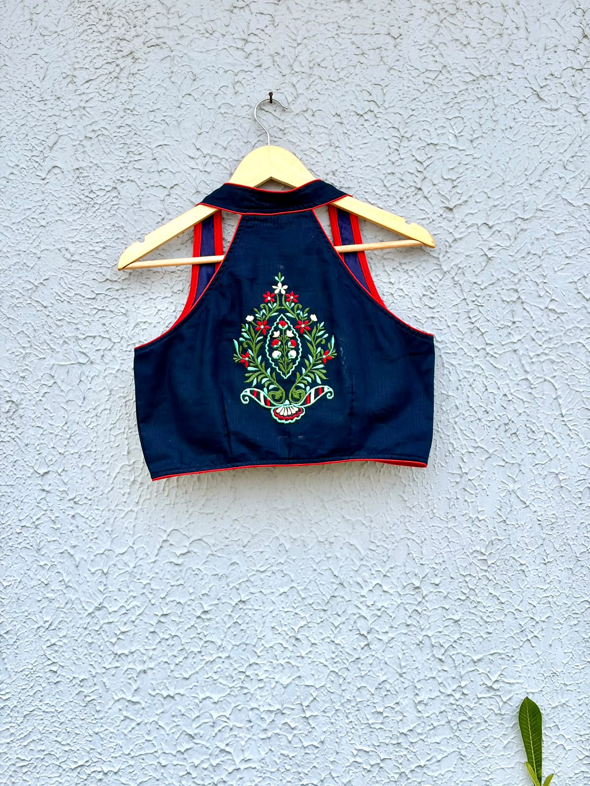 Navy Blue cotton embroidered Halterneck designer blouse