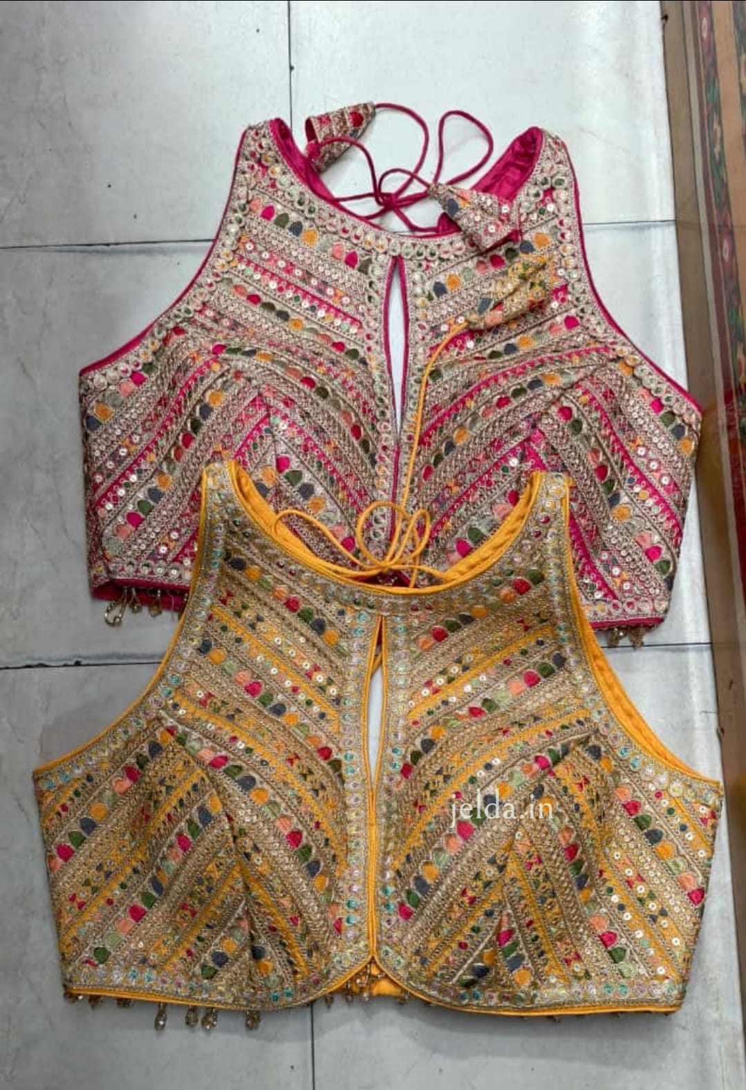 Heavy Embroidered Halter-Neck Lace Work Blouse with Front Keyhole
