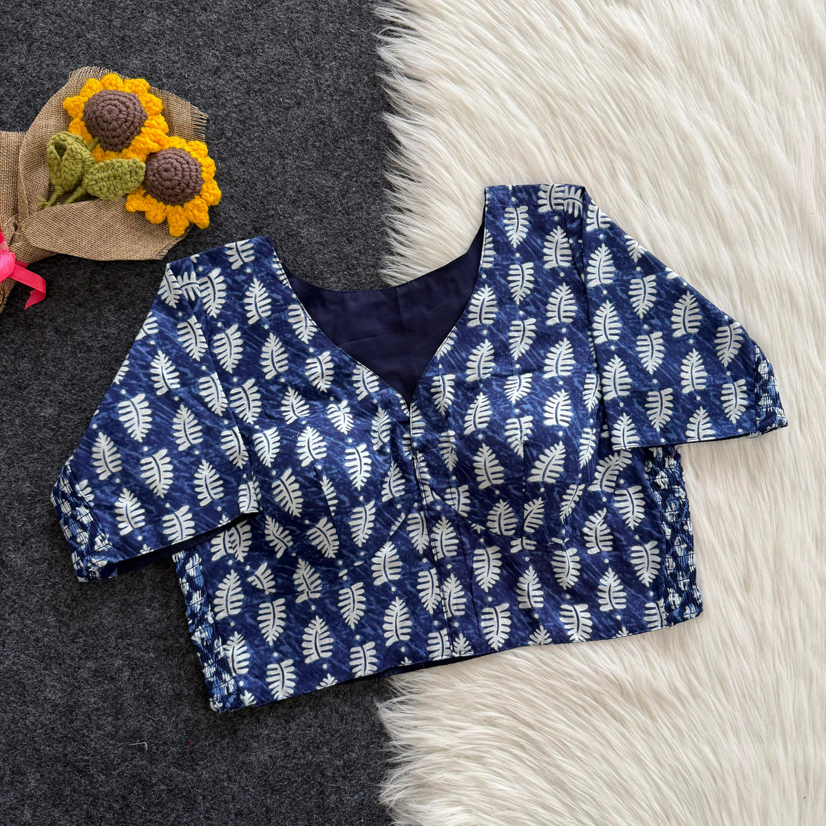 Beautiful hand block print with side elastic ready made blouse