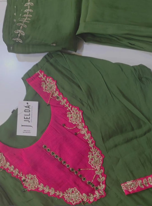 Olive Green & Rani Pink Contrast Suit Set