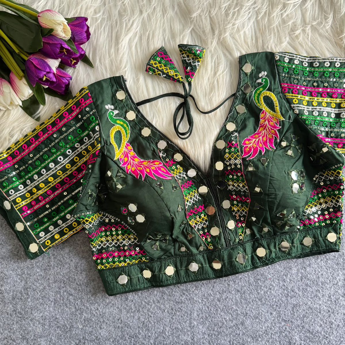 Roman silk with handwork mirror work ready made blouse