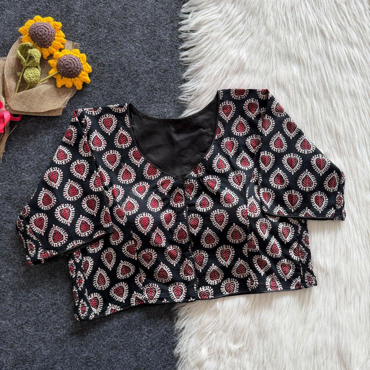 Beautiful hand block print with side elastic ready made blouse