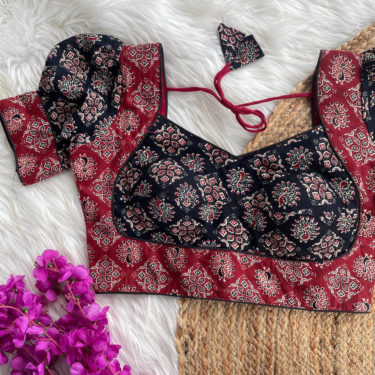 Original ajrakh cotton halter neck puff sleeve ready made blouse