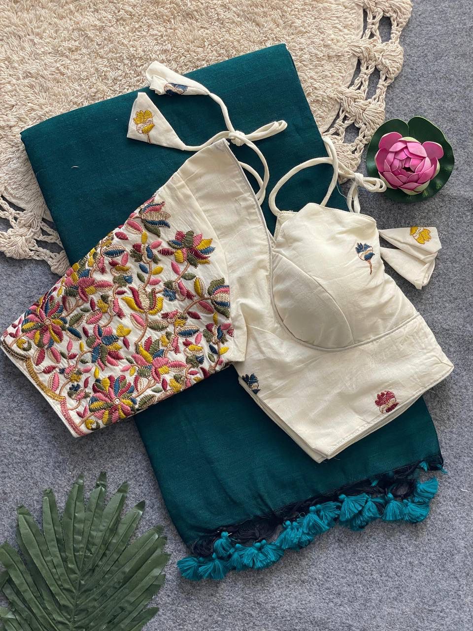 Cotton saree with heavy embroidery work ready made blouse