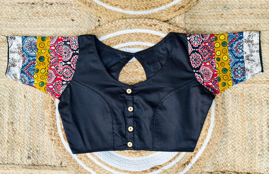 Ajrakh with cotton silk patch work ready made blouse