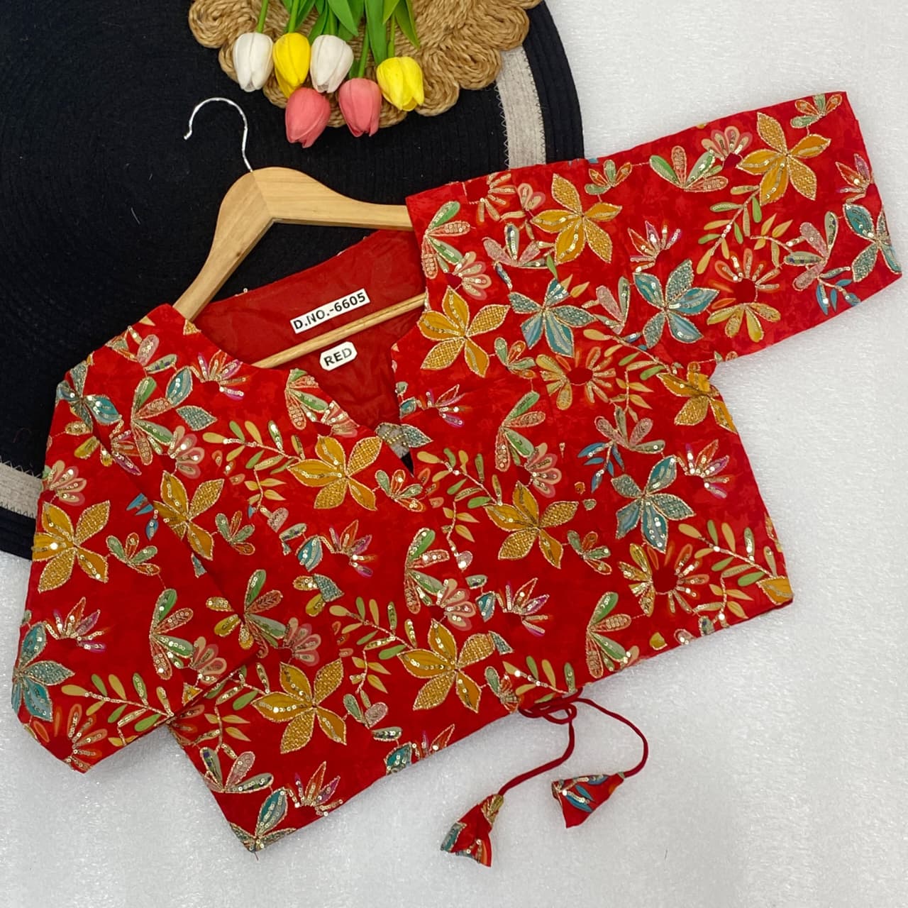 Pojisan print embroidery ready made blouse