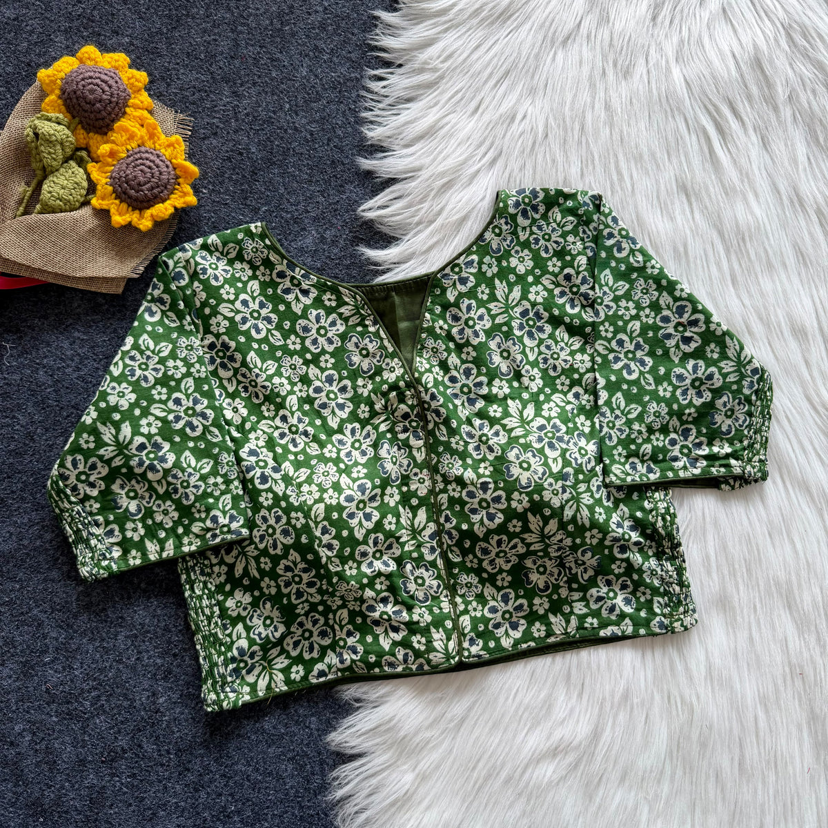 Beautiful hand block print with side elastic ready made blouse