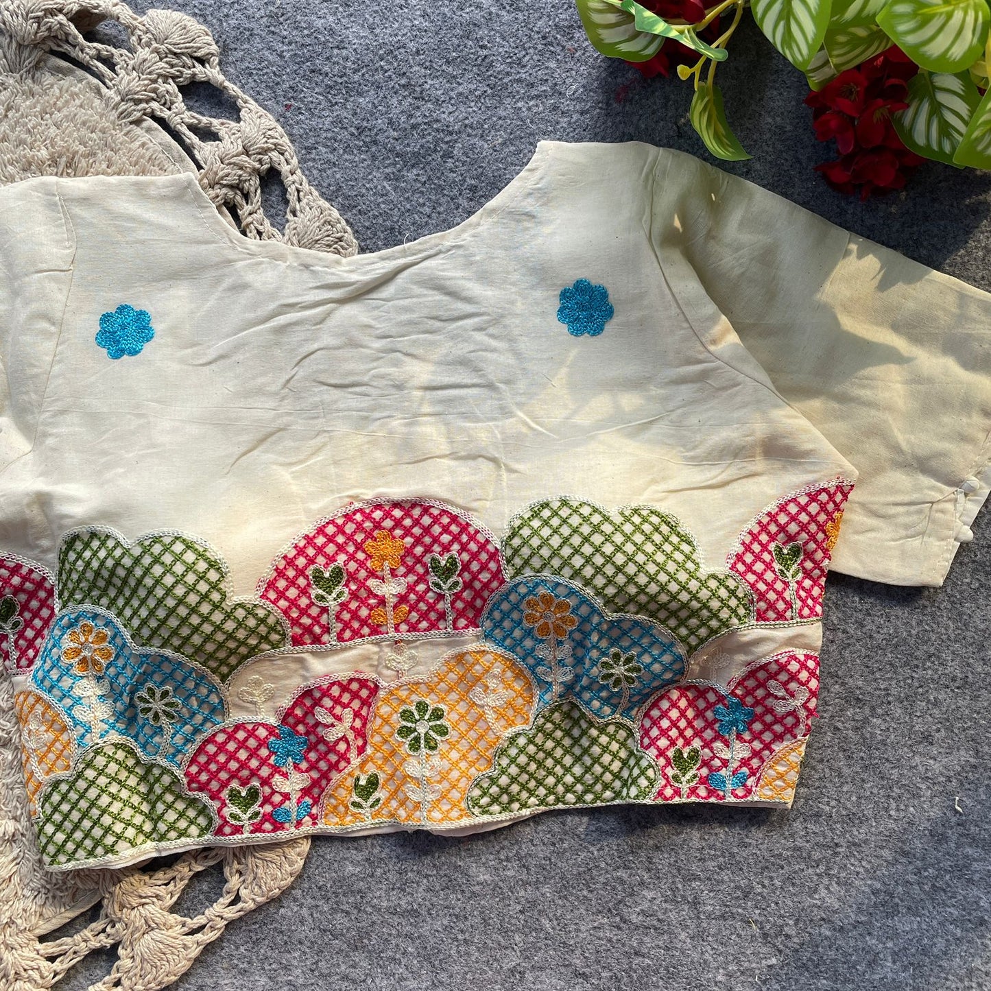 Pure cotton multicolour embroidery work ready made blouse