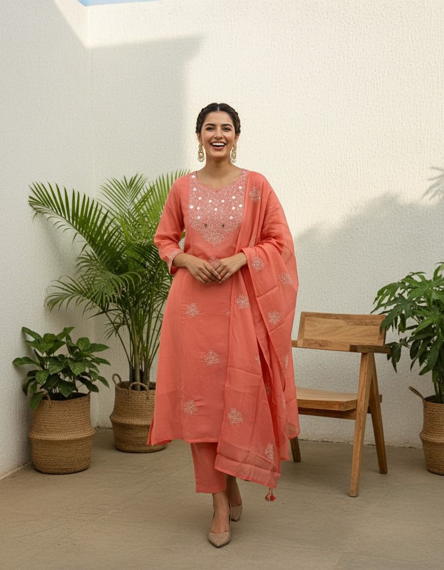 Cotton embroidery and mirror work salwar suit