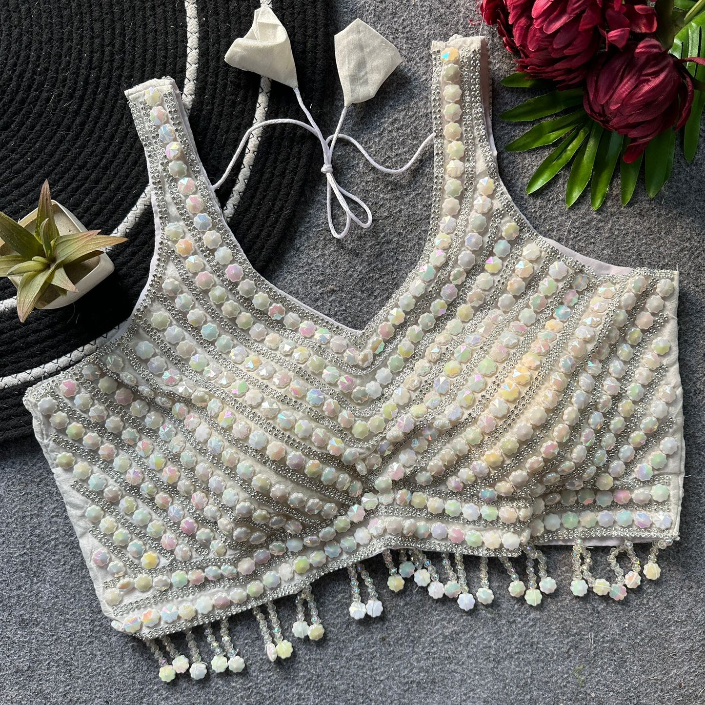Pure handwork pearl, moti and beads cristal work ready made blouse