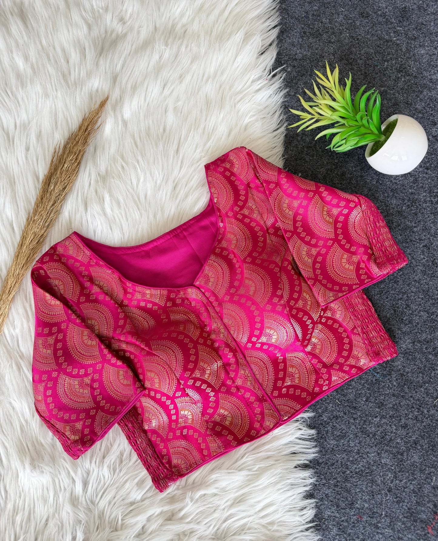 A beauty of weaving work all over with stretchable technology inside ready made blouse