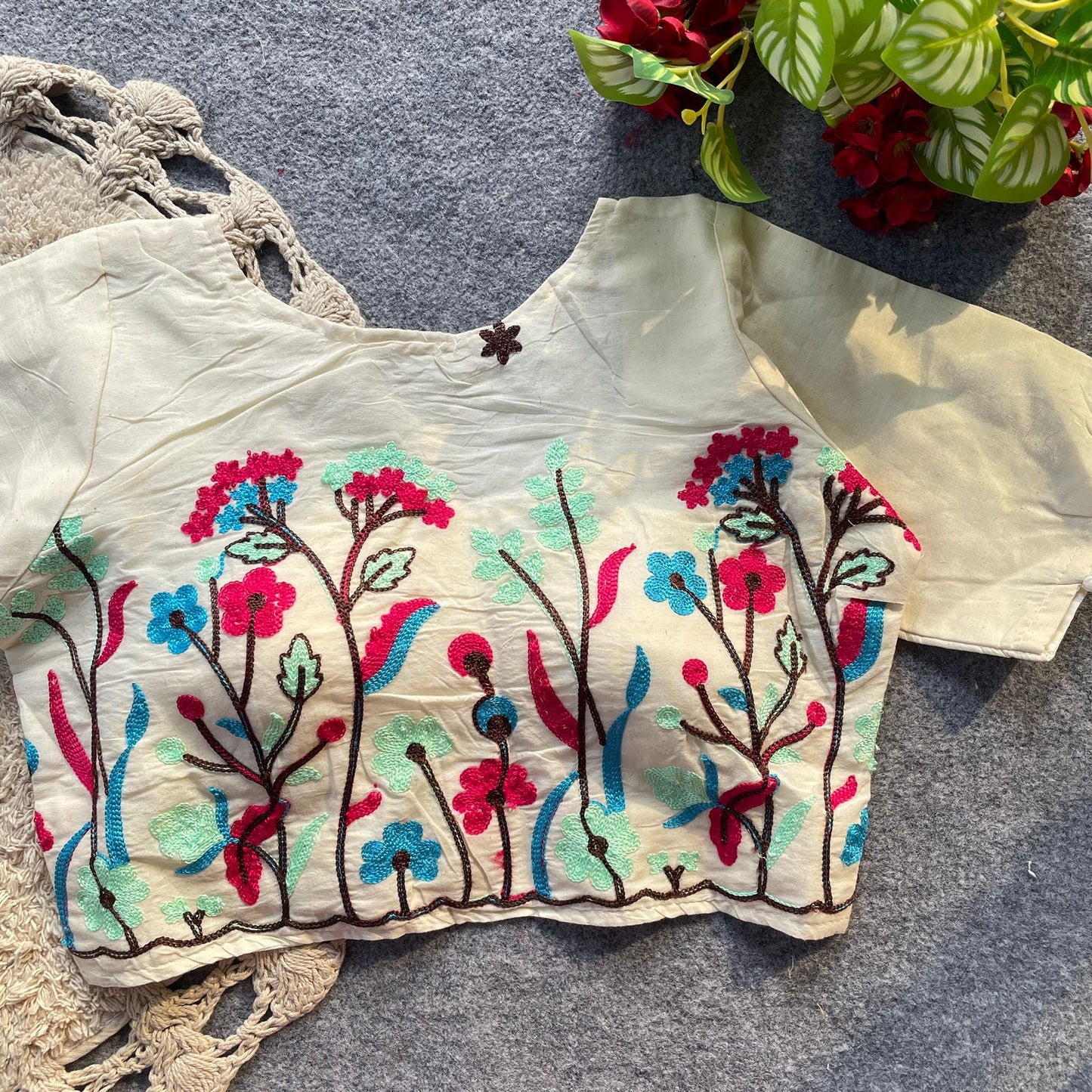 Pure cotton multicolour embroidery work ready made blouse