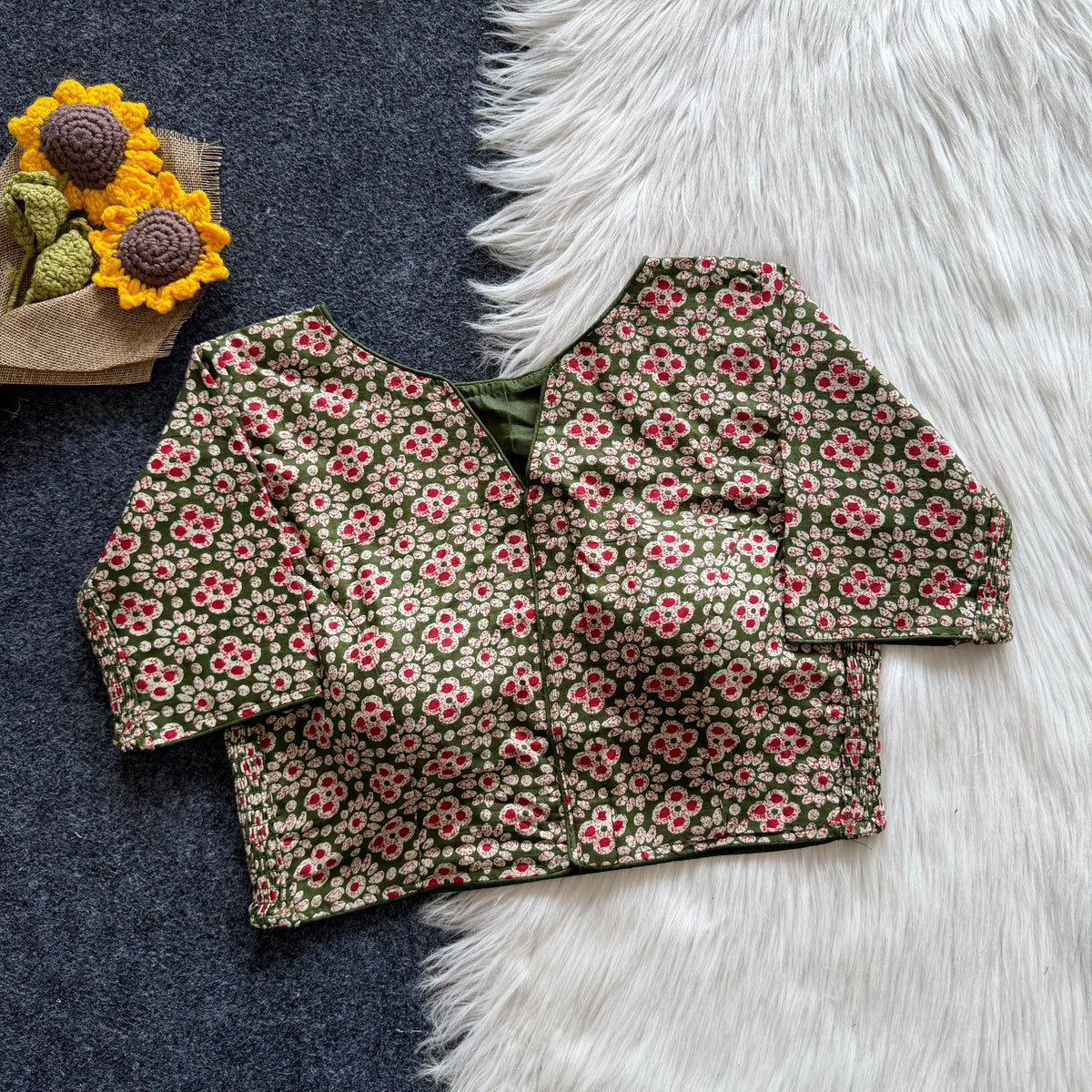 Beautiful hand block print with side elastic ready made blouse