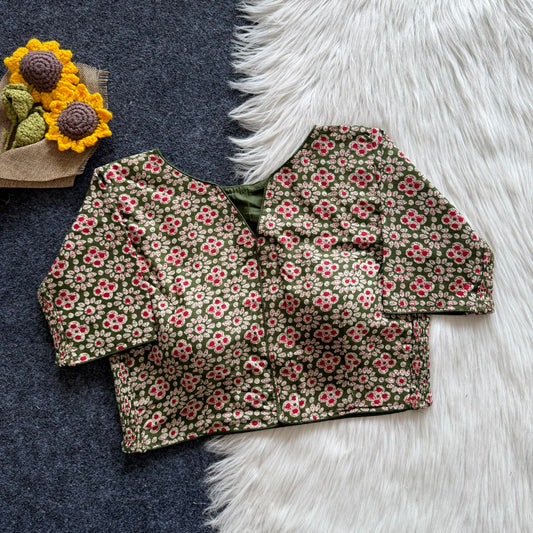 Beautiful hand block print with side elastic ready made blouse