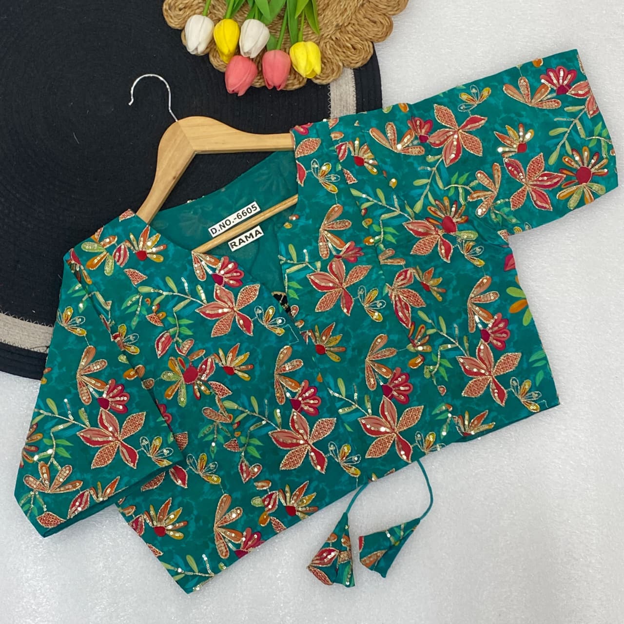Pojisan print embroidery ready made blouse