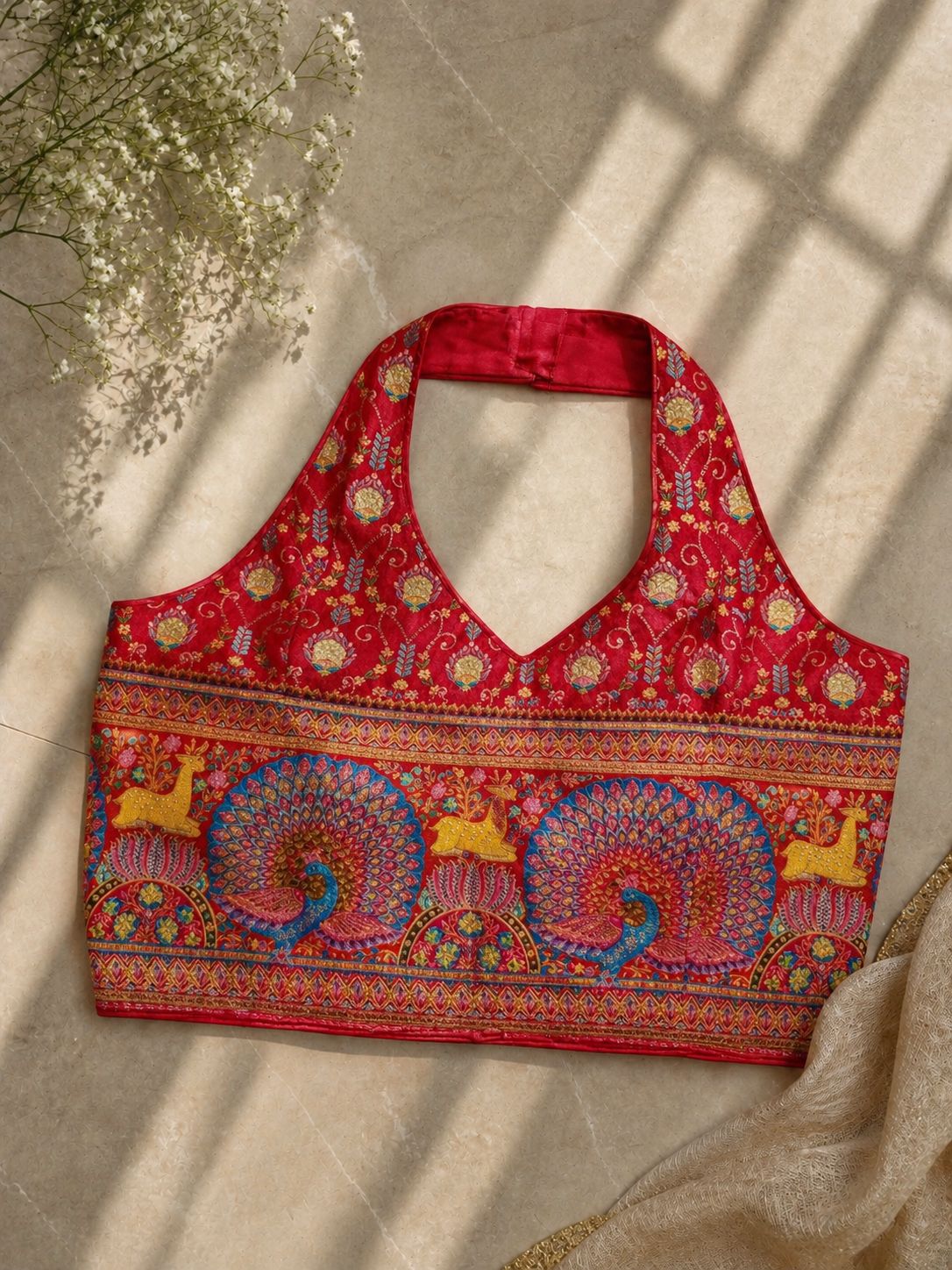 A beautiful 12 thread weaving of colours all over pure banarasi silk ready made blouse
