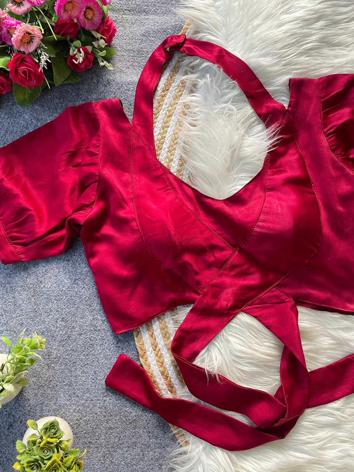 Pure Malai Satin balloon sleeve ready made blouse