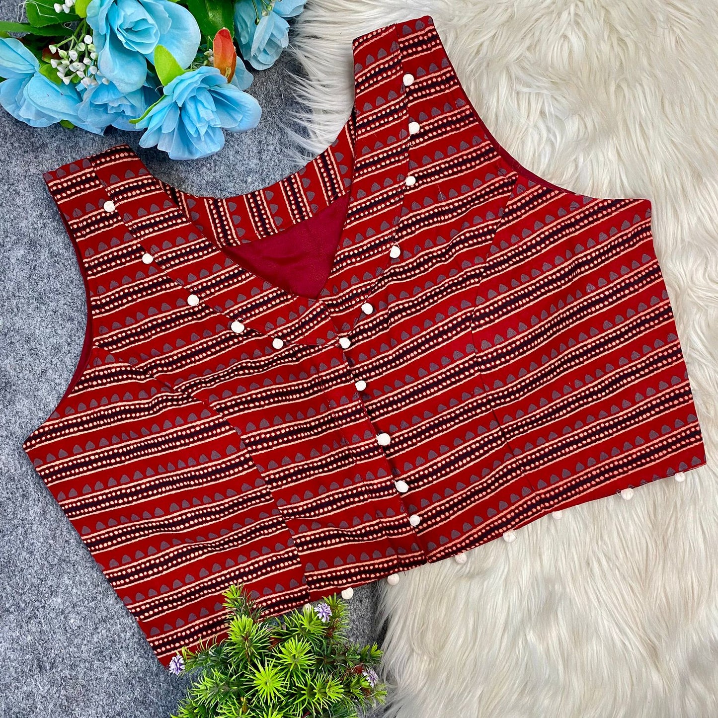 Ajrakh print sleeveless ready made blouse