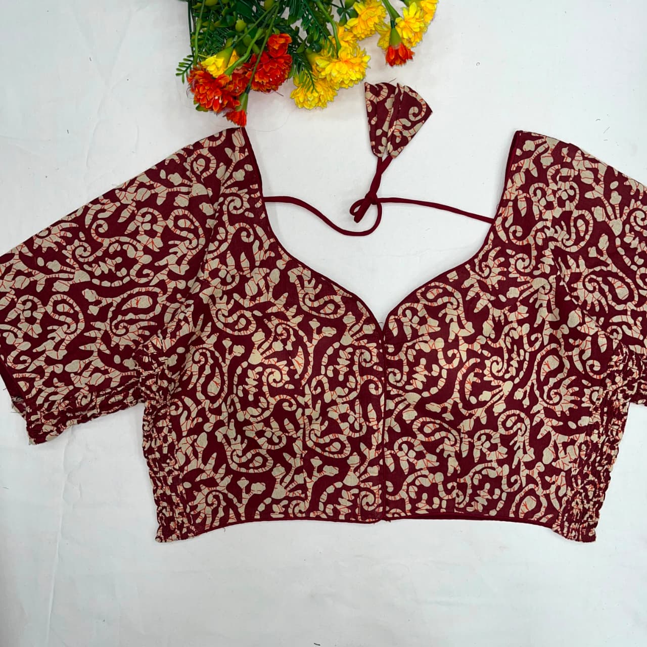 Trending ajarakh print cotton elastic pattern fancy ready made blouse