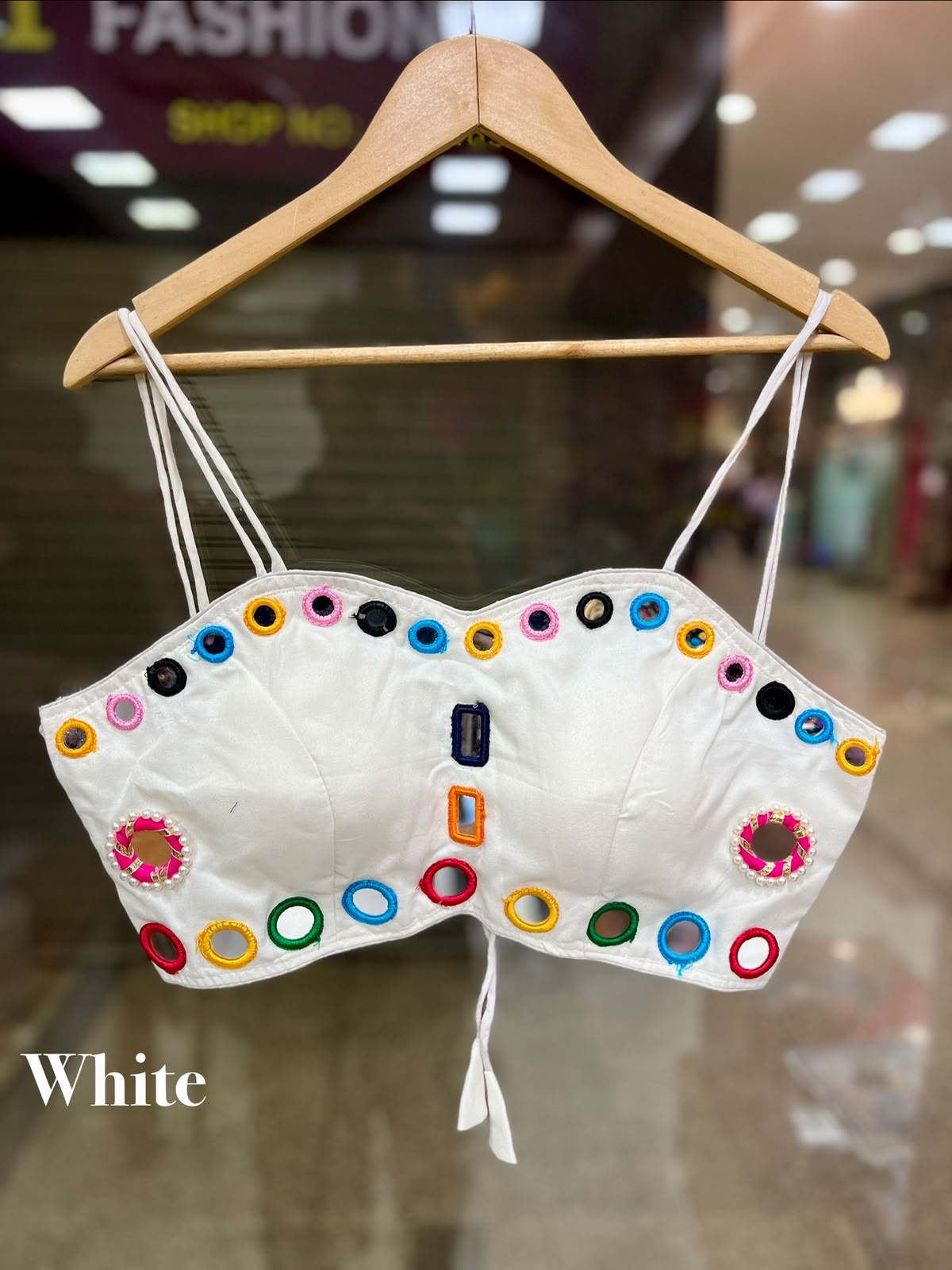 SPECIAL SPAGHETTI NODDLES MULTY COLOUR RING MIRROR (GLASS) WORK FANCY READY MADE BLOUSE