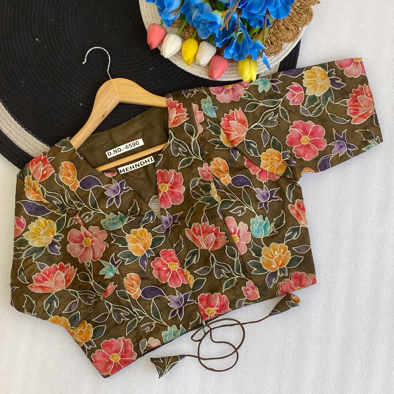 Pojisan print embroidery ready made blouse