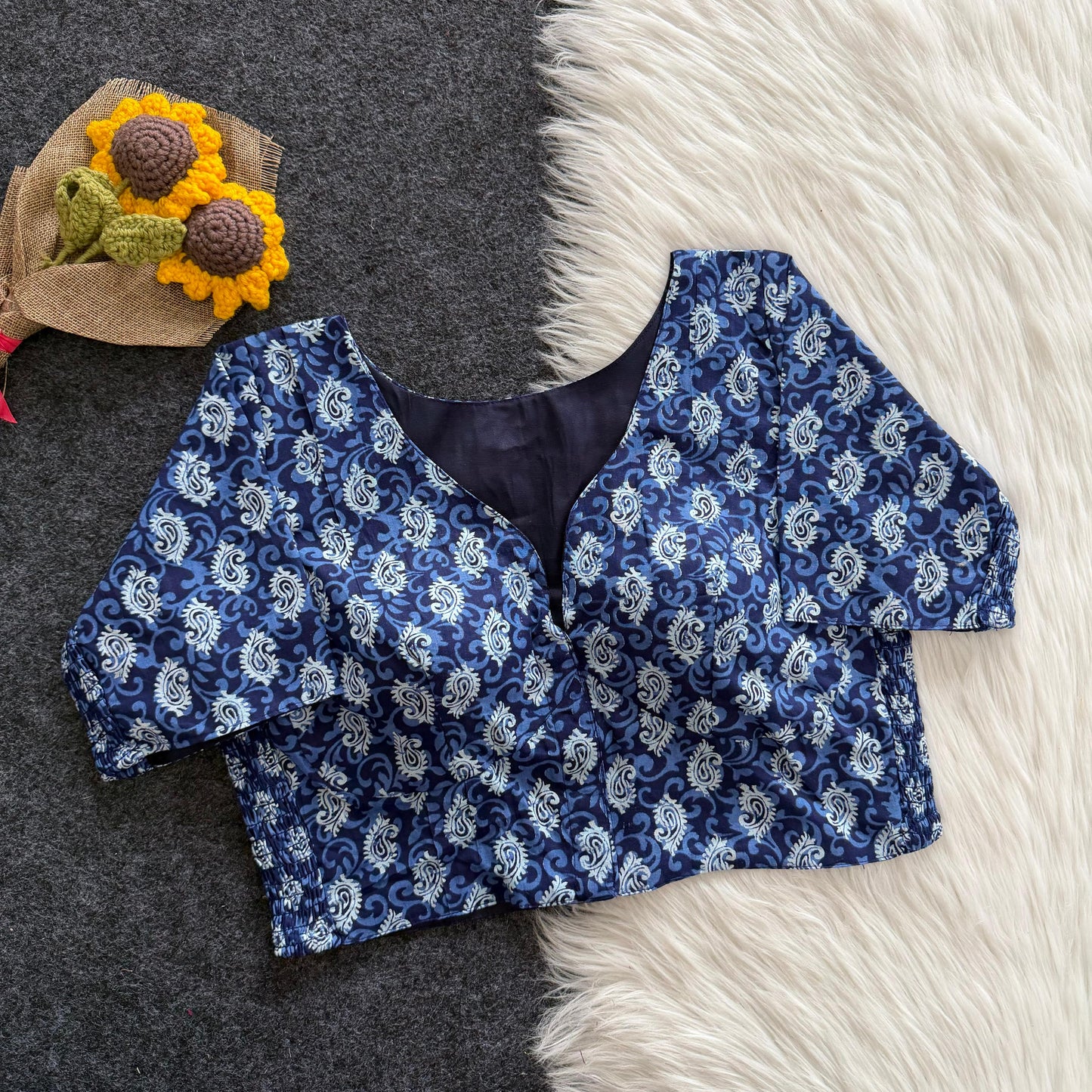 Beautiful hand block print with side elastic ready made blouse