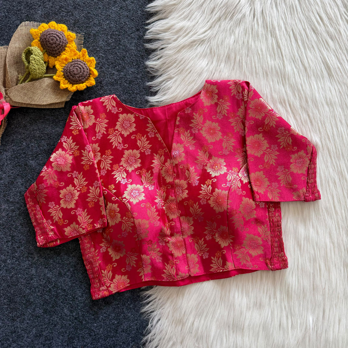 A beauty of weaving work all over with stretchable technology inside ready made blouse