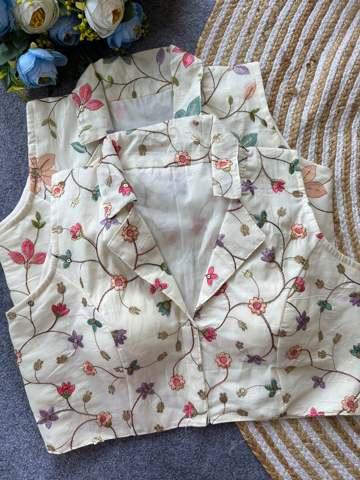 Beautiful cotton with embroidered sleeveless ready made blouse